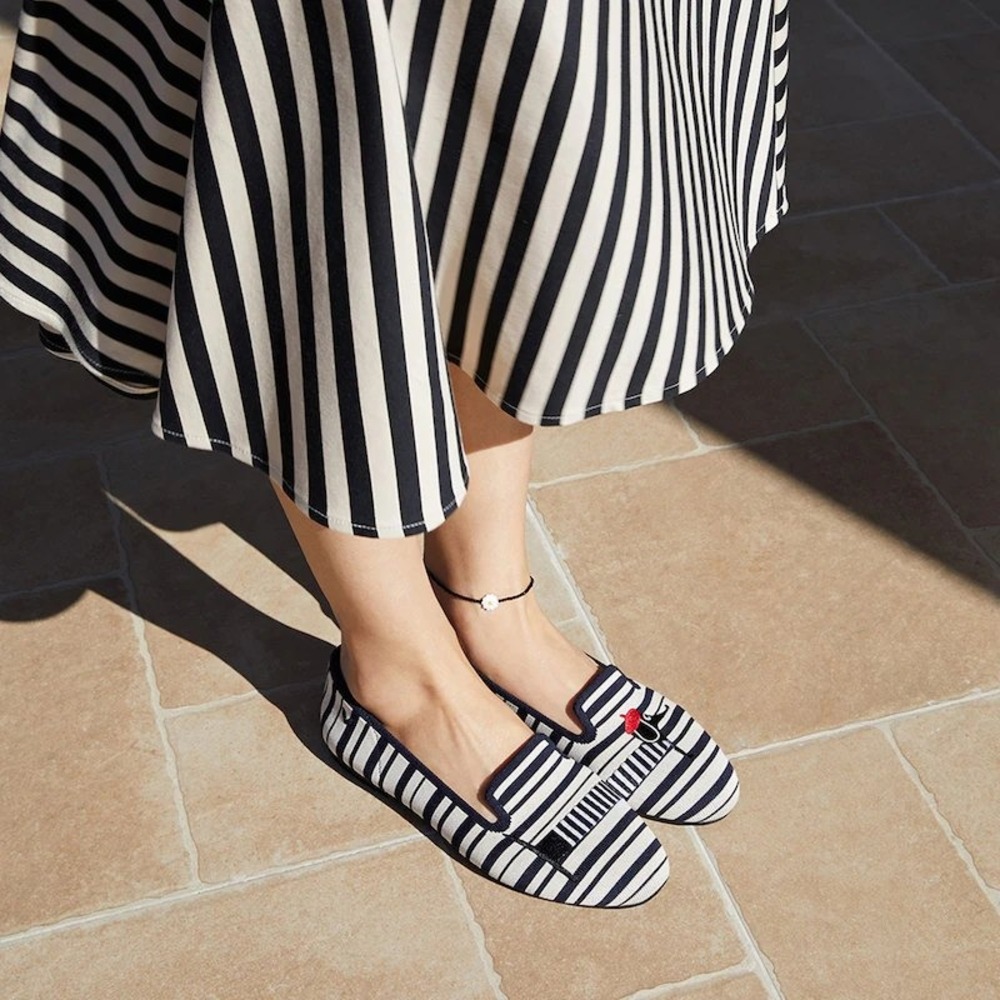 Vivaia Pointed Toe Loafers Navy White Nautical Striped Bird Beret EU 41 US 9.5